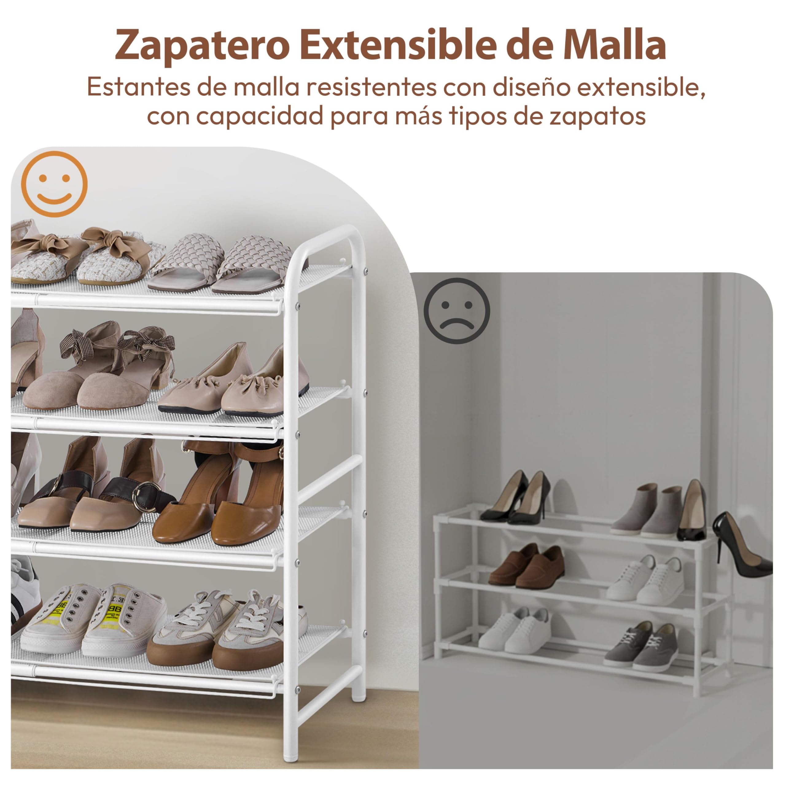 Yaheetech Zapatero Extensible, Estante Zapatos de Malla Metálica de 4 Niveles, Organizador de Zapatos para Entrada, Armario y Pasillo, Ajustable 50-84,5 cm, Capacidad para 15-20 Pares (Blanco)