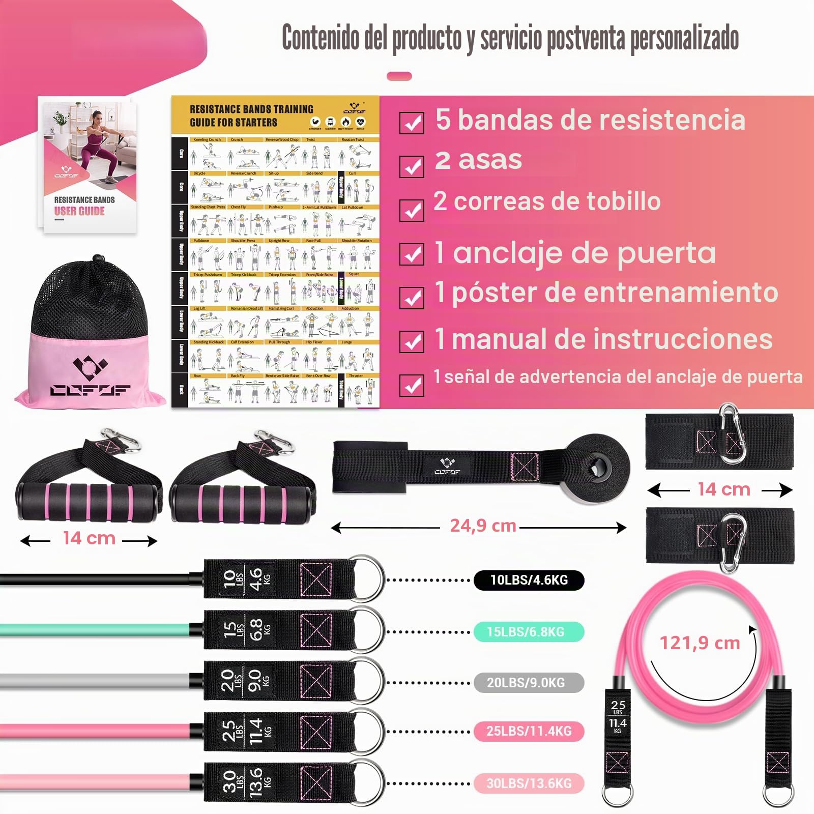 Cintas Elasticas Musculacion, 5 Resistance Bands, Gomas Elasticas Musculacion con Manijas Grandea, Tobillo, Póster de Entrenamiento, Bands