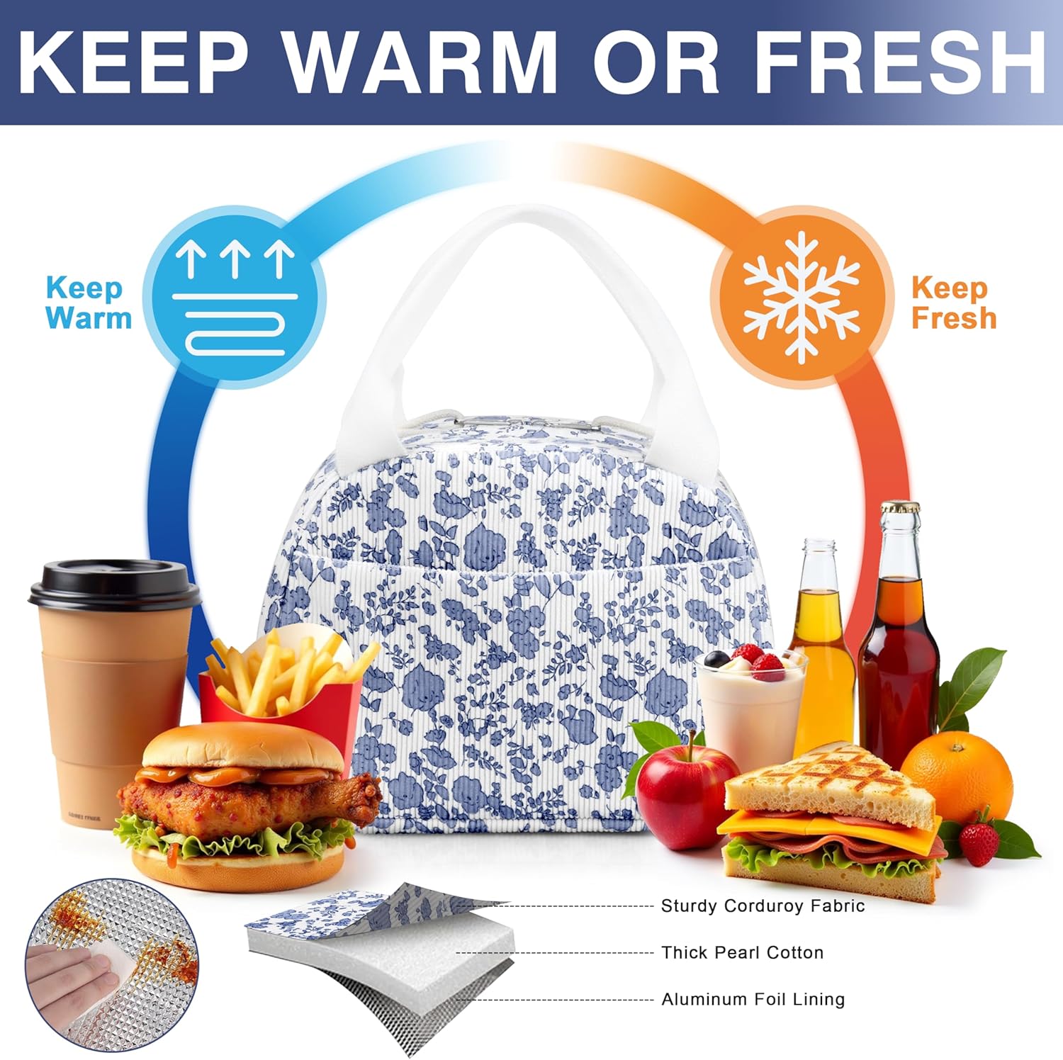 Lunch Bag - Insulated Lunch Box for Women, Reusable Large Capacity Cooler Bag for Adult, Small Leakproof Cute Corduroy Lunch Tote for Work Office Travel Picnic (Corduroy Navy Blue-Flower) - Image 5