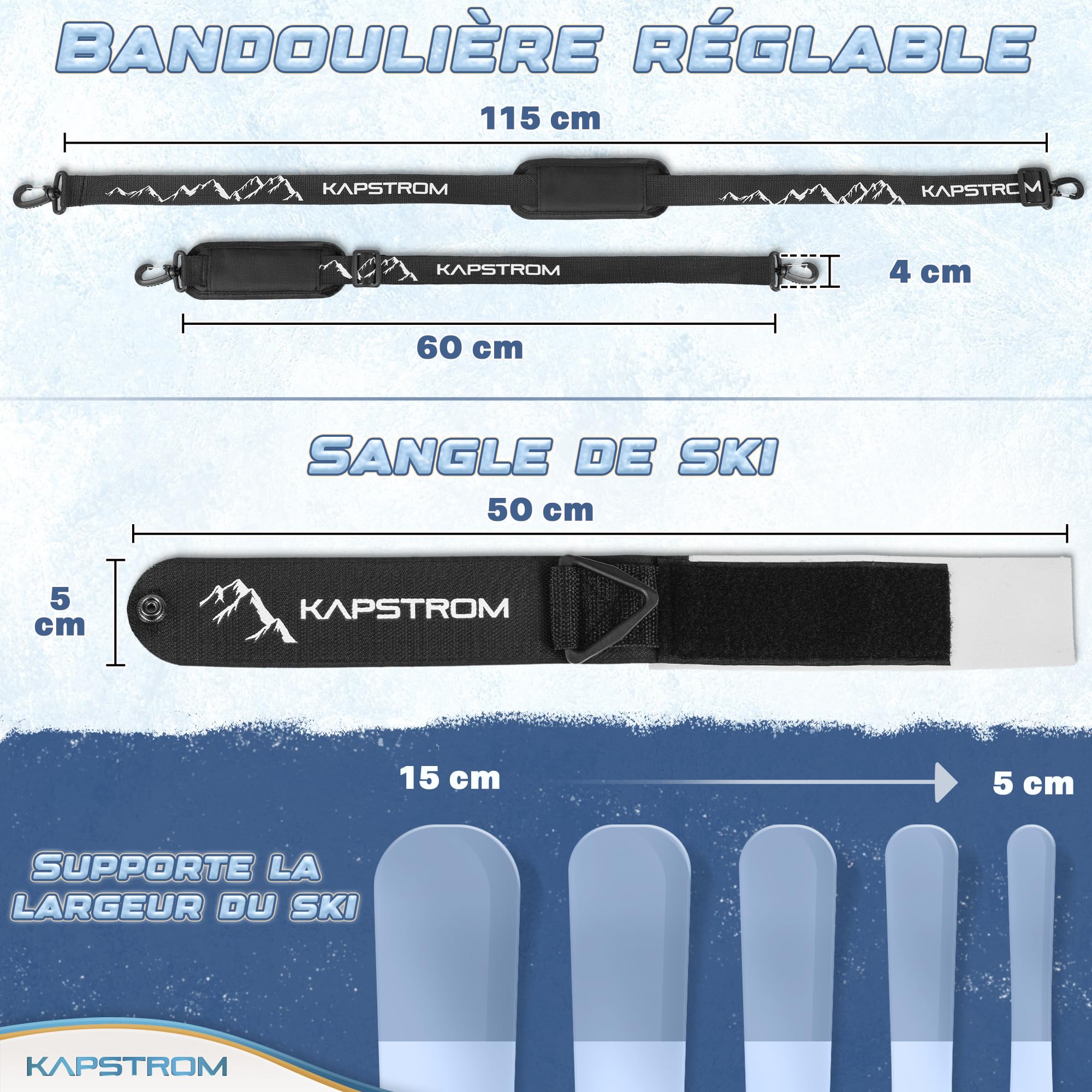 Sangles de Ski et Porte-bâtons – Noir – Durable avec Longueur de Sangle réglable et bandoulière rembourrée