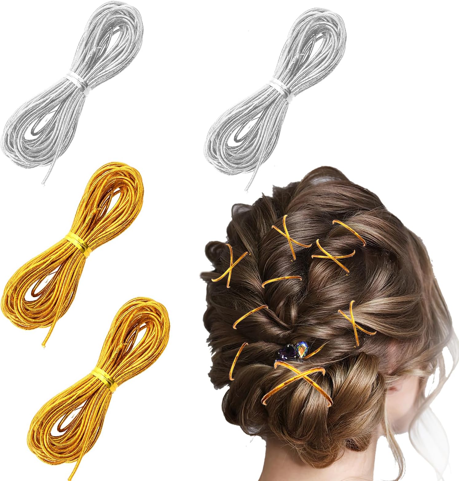 Teaaha 4PCS 5M Dreadlock Braids Hair Accessories, Gold String for Hair Gold Sliver Hair Wire for Braids, Hair Wrap String Braiding Rope Braiding Hair Deco for Hair Braiding Twist Gift