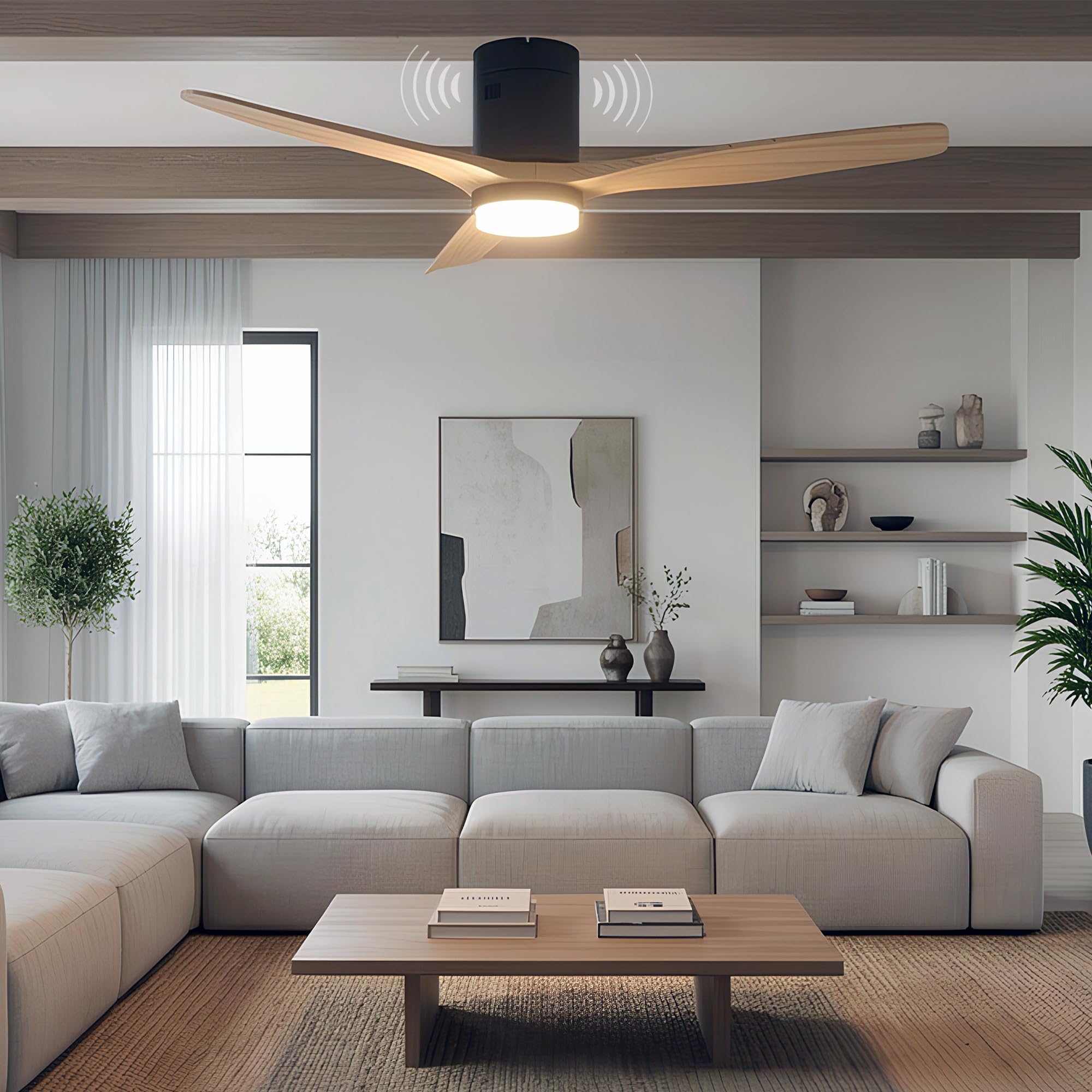Energy Sistem SoundAir Ventilador de Techo con Altavoz Bluetooth, Motor DC, 132cm, Negro, Madera Natural, Moderno, Luz LED Regulable, Interior