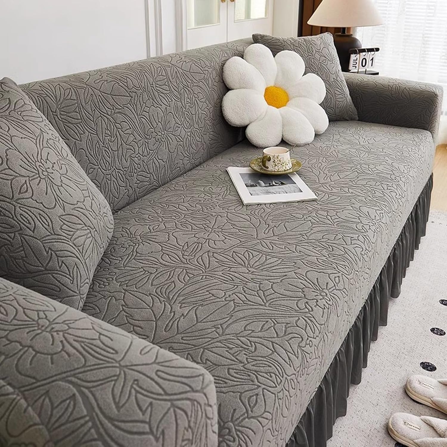 3D Floral Stretch Couch Protector, Pet Friendly Furniture Protector, Slipcover with Skirt for 4-Seater Sofas