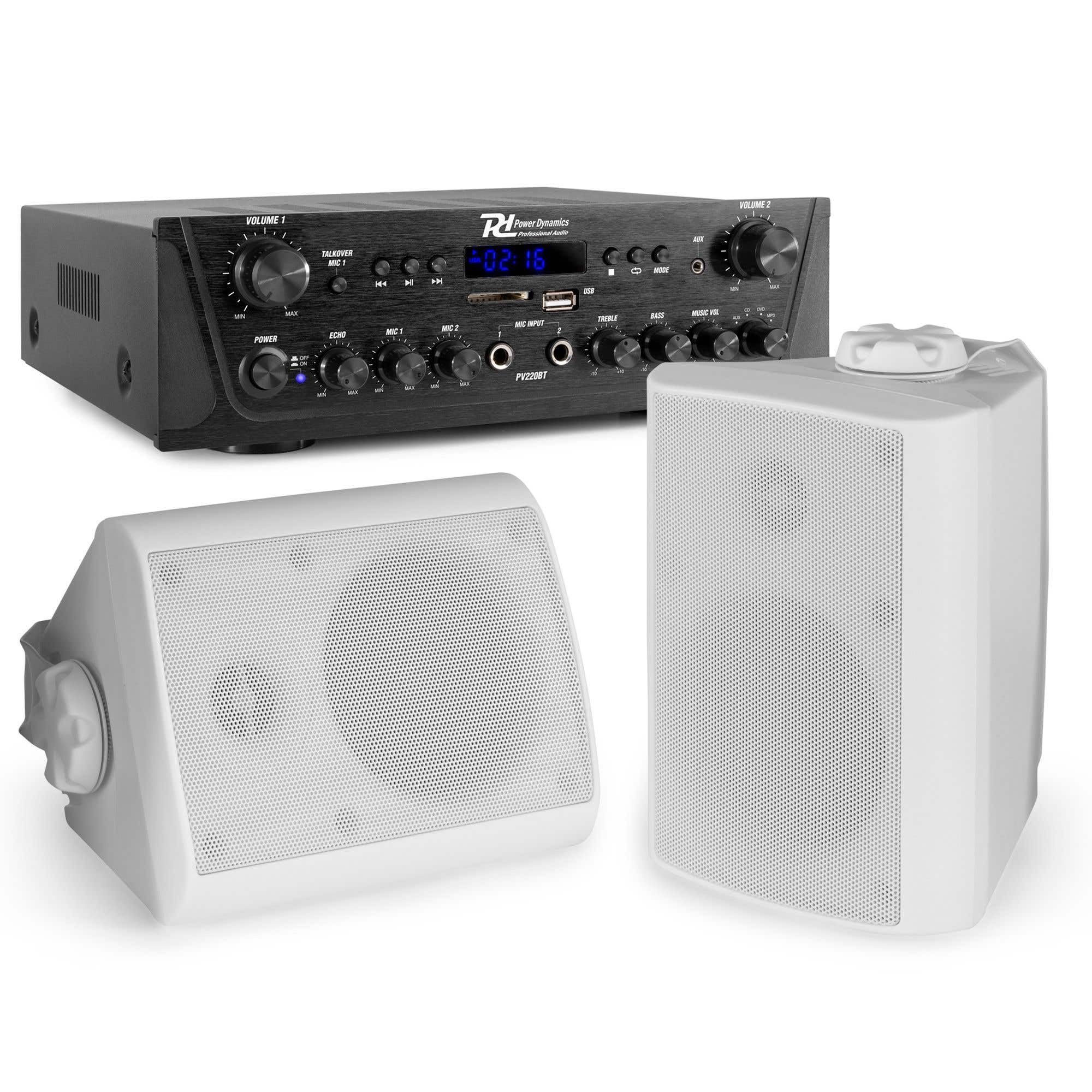 Power Dynamics - Sistema de Sonido Bluetooth, 2 Zonas, Amplificador 2x50W, 2 Altavoces Blancos, MP3, USB, FM, RCA, 3 Entradas de Línea y Micrófono, Apto para Exterior IPX5, Cable Incluido, Mando
