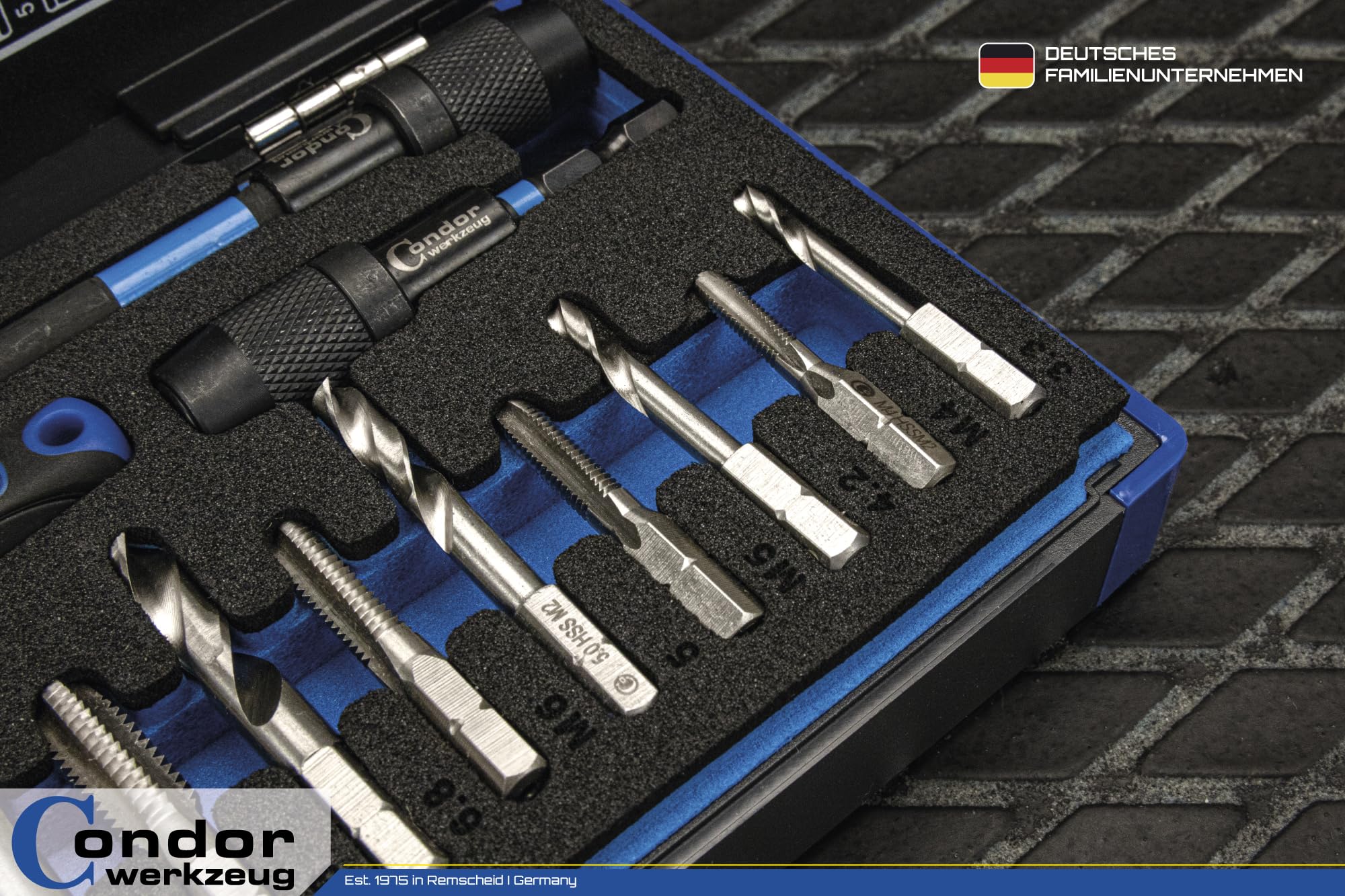 CONDOR Werkzeug 39602 | Kernloch Spiral- und Gewindebohrer-Bit-Satz mit Knarre & Adapter | 16-TLG. | 1/4" 6-Kant-Antrieb | M4-M12 | Xcess Performance | HSS Bohrer Set Profi Werkzeug