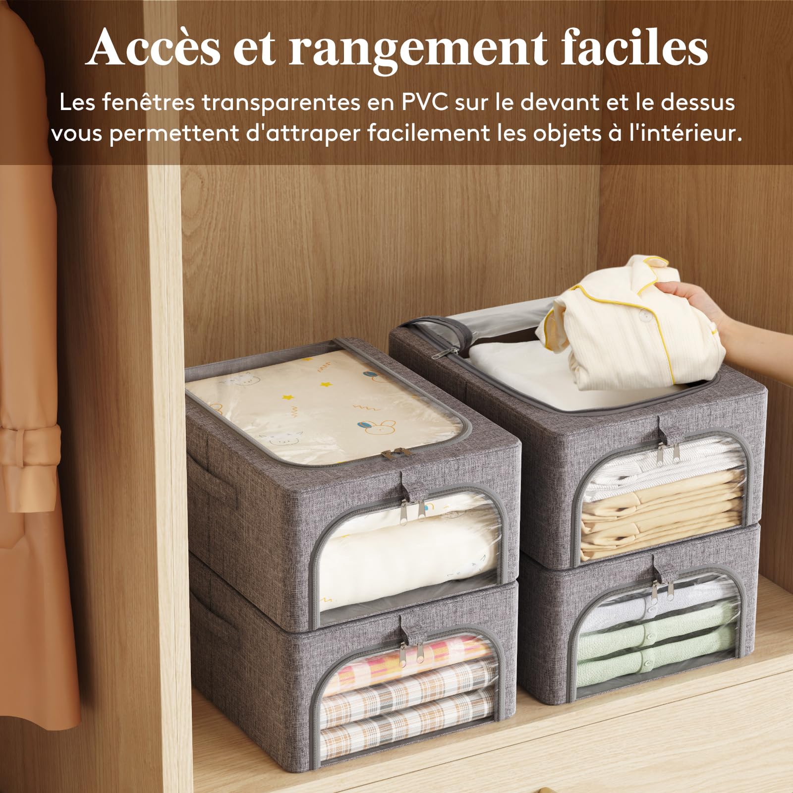 Lifewit Boite de Rangement Robuste avec Cadre en Métal, Sac de Rangement Pliable avec Fenêtre Transparente, Bac Rangement Sous Lit, Organisateur Placard pour Vêtements, Couvertures, 25 L, Lot de 6
