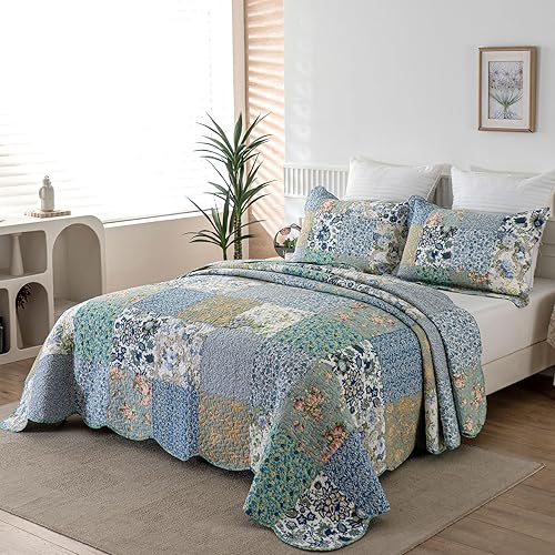 Miniatura 8 de YAYIDAY Juego de edredón de algodón con retazos tamaño Queen (tamaño del suelo táctil), reversible, transpirable, con fundas de almohada, patrón