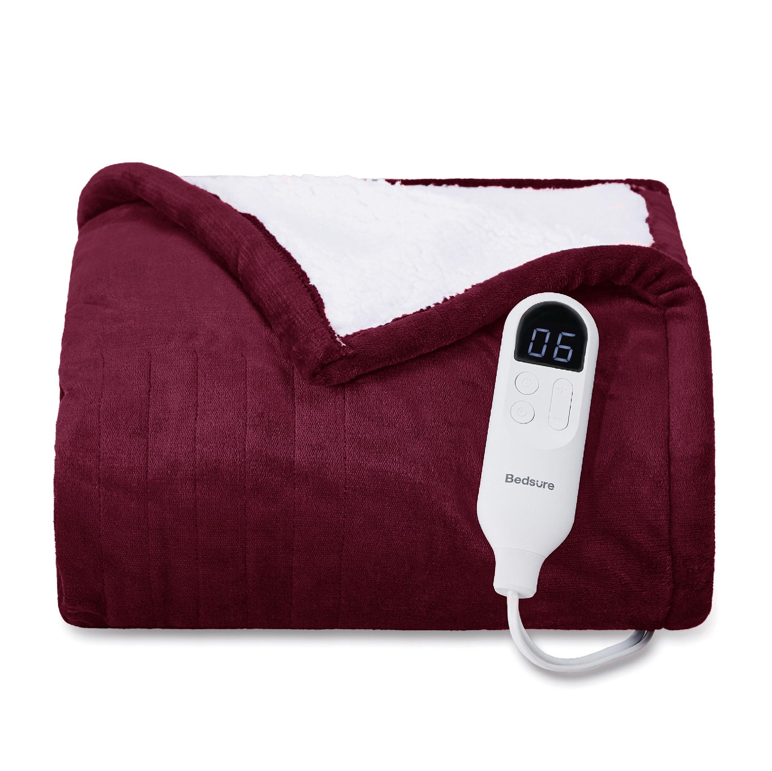 Bedsure Heated Blanket Electric Throw - Soft Flannel Electric Blanket, Heating Blanket with 4 Time Settings, 6 Heat Settings, and 3 hrs Timer Auto Shut Off (50x60 inches, Burgundy)