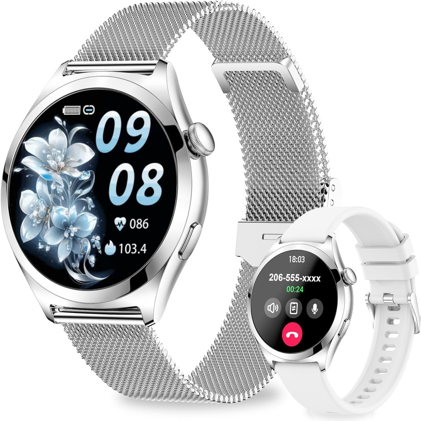 Smartwatch Donna, 1.27" Orologio Smartwatch con Chiamate, Cardiofrequenzimetro SpO2 Sonno, Activity Tracker Passi Calorie, 120+ Sport, IP68 Smart Watch Fitness per iOS Android Argento