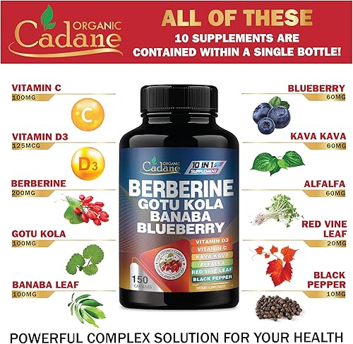 Miniatura 3 de Cadane Premium Berberine Extract - Suplemento de berberina 10 en 1 con Gotu Kola, hoja de banaba y más - 150 cápsulas para apoyo del sistema
