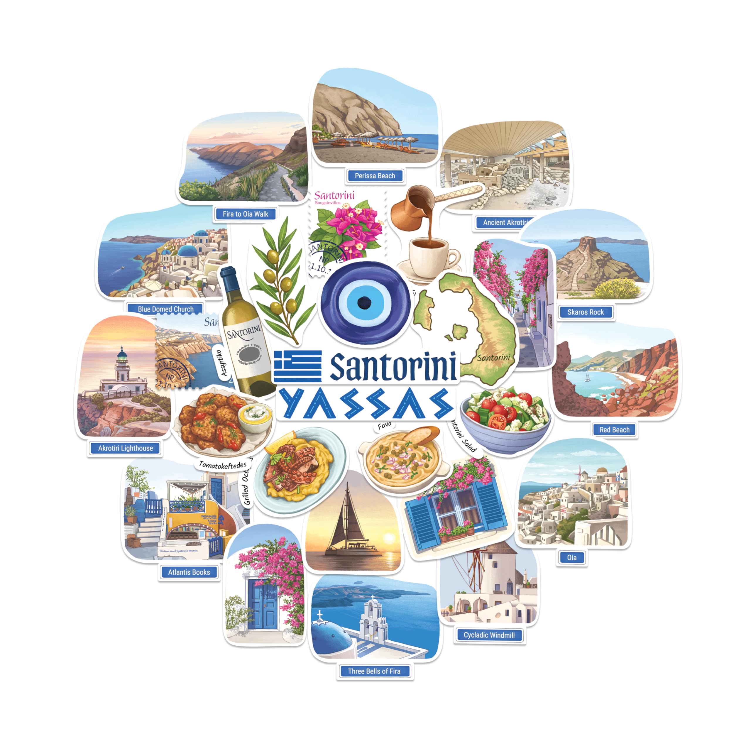 Navy Peony Sunlit Santorini Travel Stickers - Hand-Painted Gouache, Matte, Die Cut - for Journals, Scrapbooks (28-Piece Set)