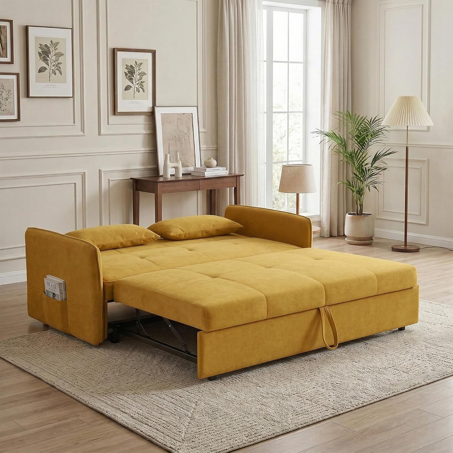 Pull Out Sofa Bed - Sleeper Couch with Adjustable Backrest and Armrests, Tufted Loveseat with Side Pocket, High Density Foam for Living Room, Apartment, Small Space(Yellow)