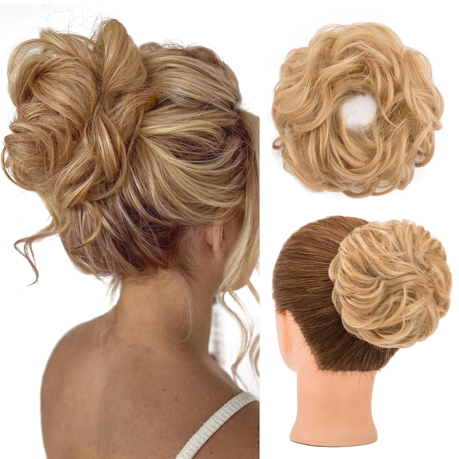 S-noilite Messy Bun Hair Piece, Curly Wavy Hair Bun Extensions, 30g - Golden Blonde, 30 G