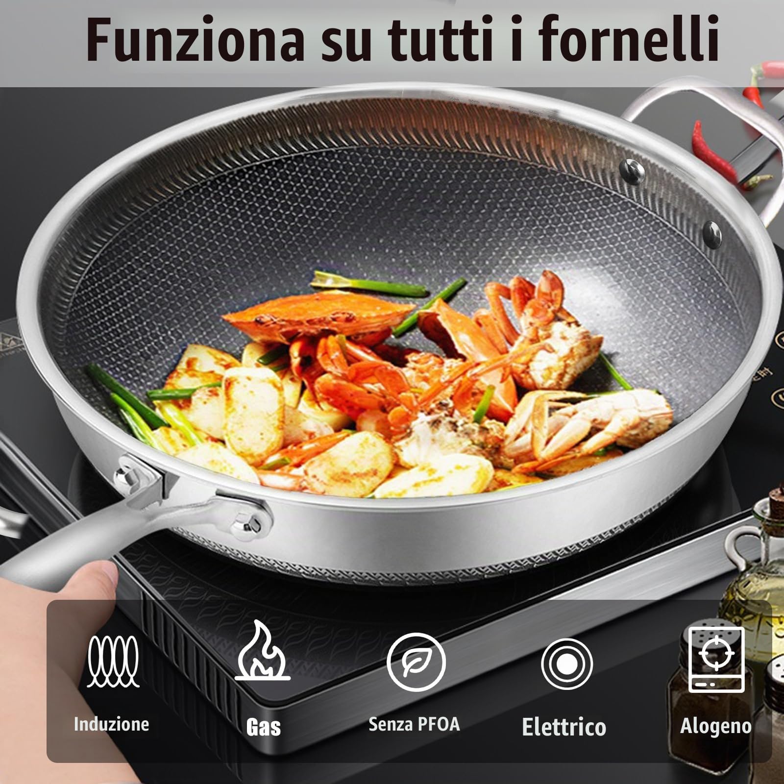 Wok - Padella antiaderente da 32 cm, in acciaio inox, con coperchio, spatola, manico per rimanere freddo, padelle per friggere a induzione, adatte per piani cottura a induzione, in ceramica, elettrici