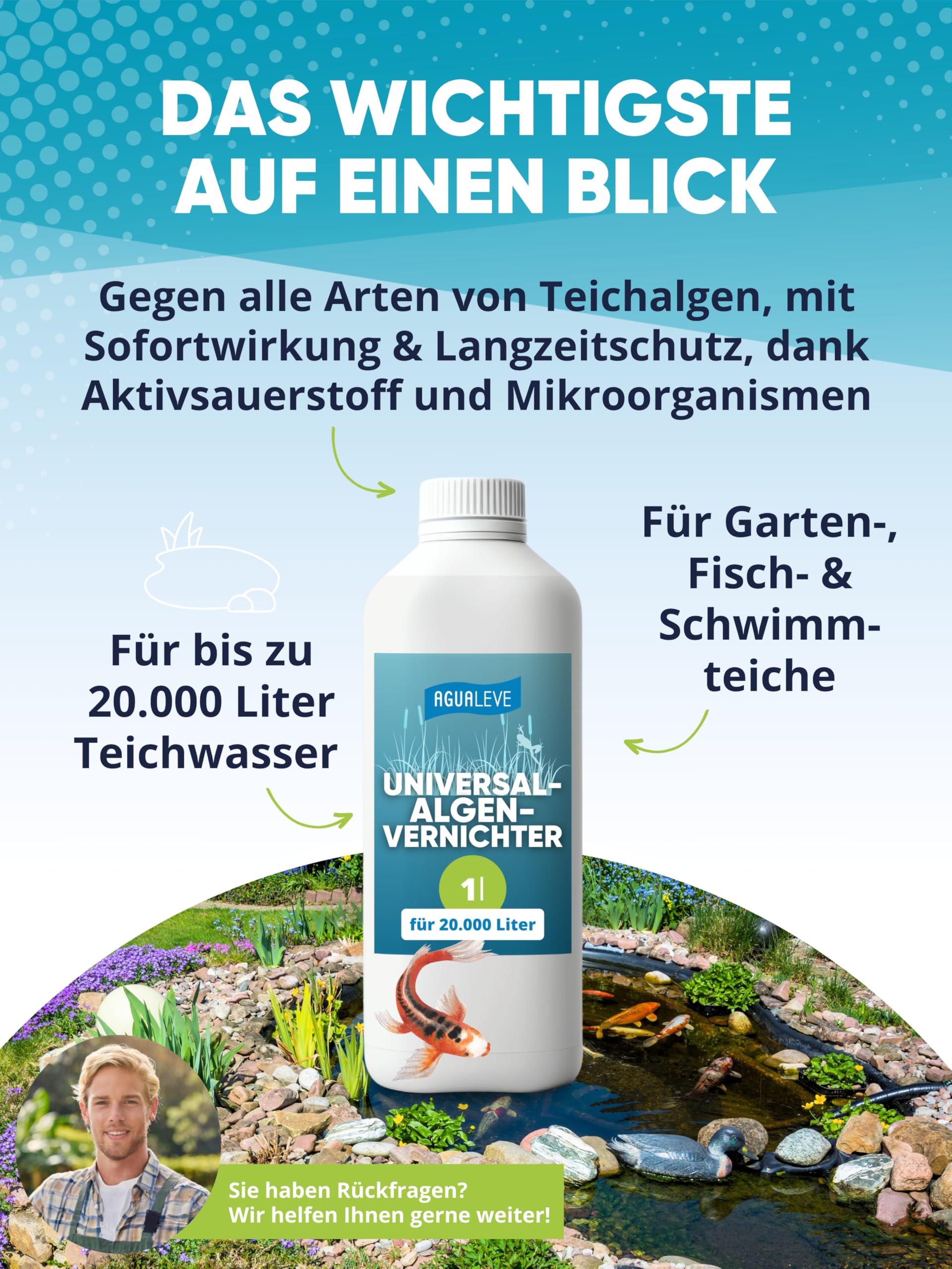 AGUALEVE® Universal-Algenvernichter 1l *NEU* | effektiv gegen alle Arten von Teichalgen mit innovativer Solar-Guard-Formel | Fisch-, Garten- & Schwimmteiche | Made in Germany | 20.000l Teichwasser