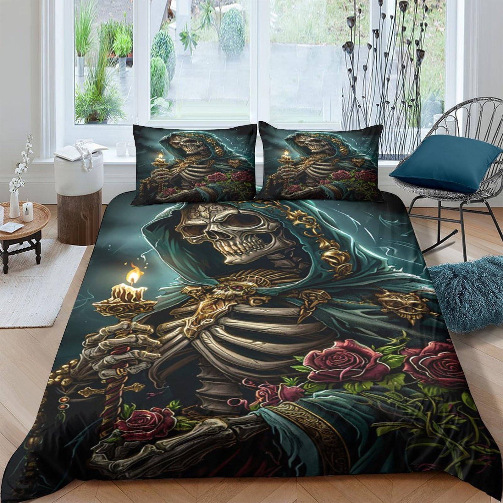 Ctjqhvkz Style-1 3D Printed Grim Reaper Fitted Sheet Microfiber Black Gothic Rose Mattress Cover For Bedroom Dorm Decoration Easy Care Single（135X200cm）