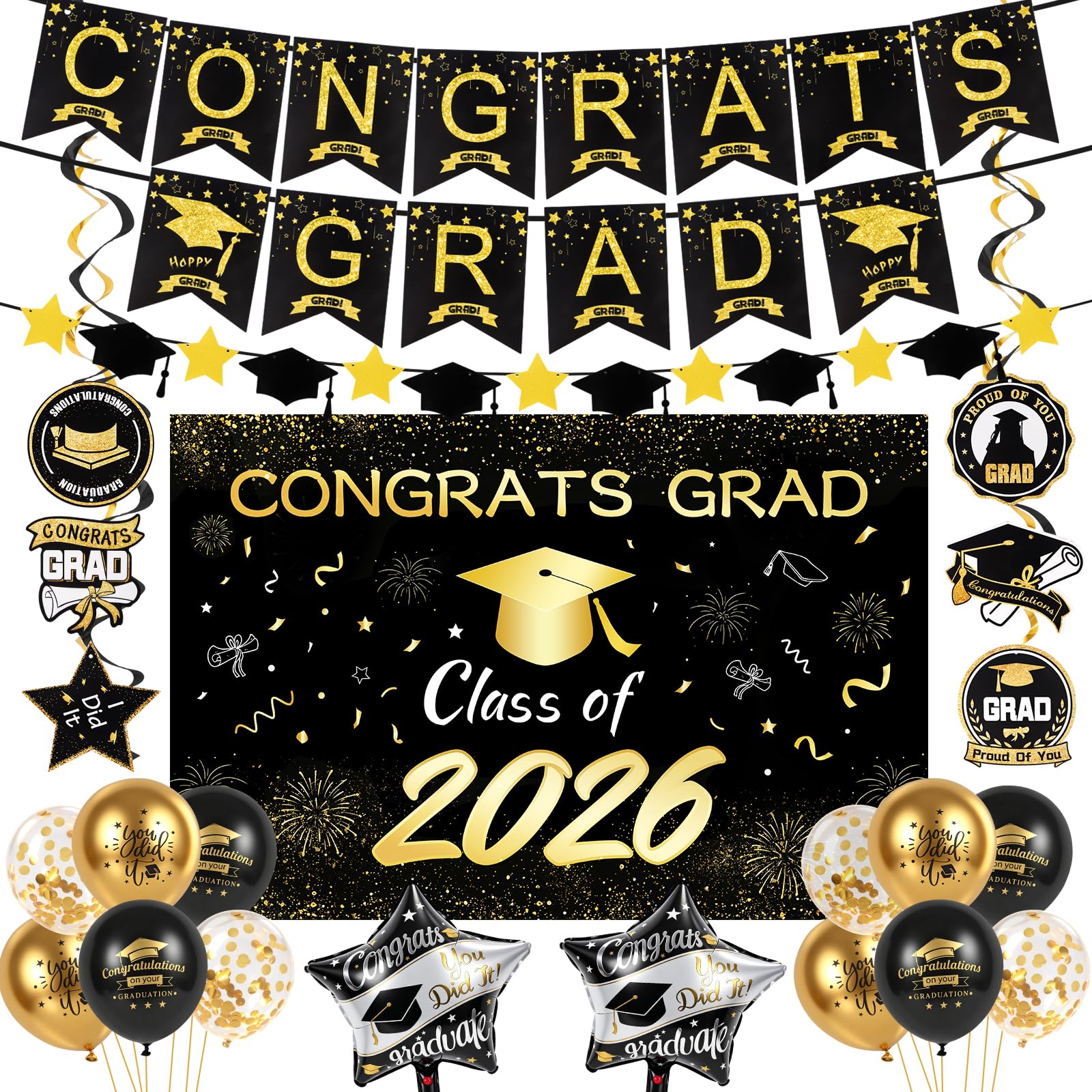 Graduation Decorations Class of 2026,Black and Gold Balloons,Extra Large Fabric Congrats Grad Class of 2026 Banner and Hanging Swirls, Graduation Party Cards for College High School Graduations Party