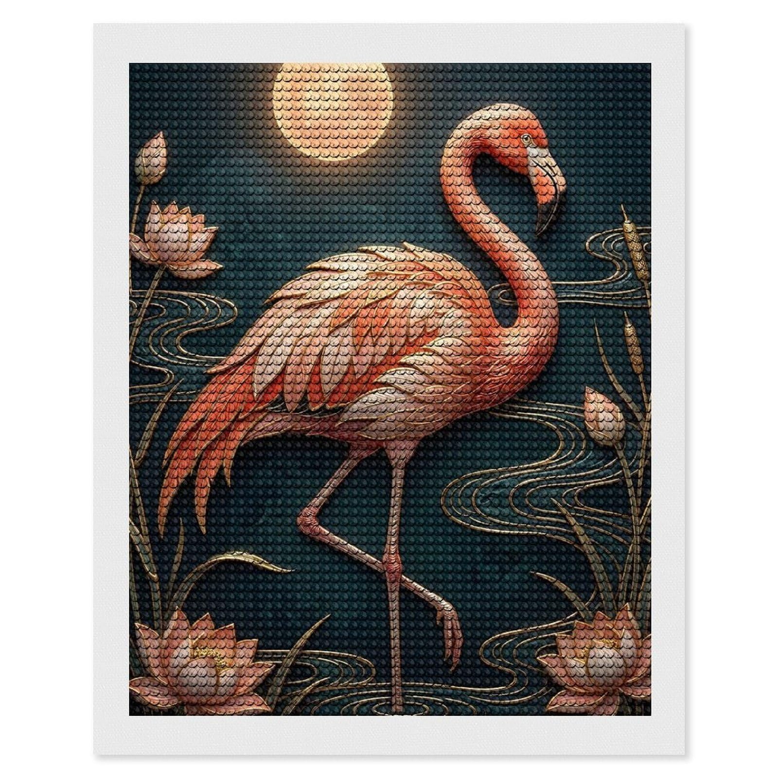 Junmoney Flamingo and Lotus Moonlit Scene Round Drill Diamond Painting 16"x20", for Craft Lovers, Stress Relief Craft, Bedroom Decor, Festive Craft Gift