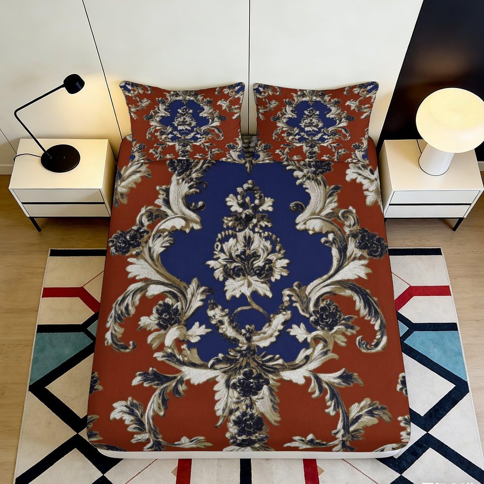 3D Printed Baroque Royal Pattern Fitted Sheet Microfiber Soft Brown Blue Damask Mattress Cover Bedroom Decor 90x200x25cm
