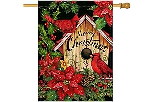 Merry Christmas Cardinal Poinsettia Large Decorative House Flag