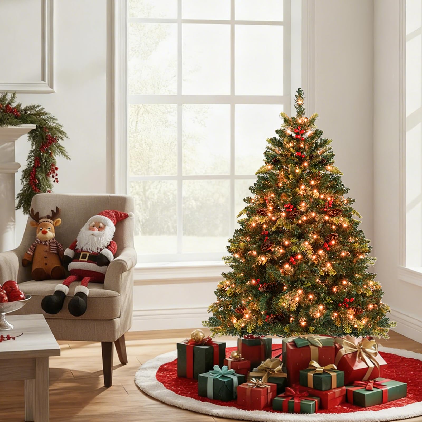 COSTWAY Albero di Natale Artificiale 150/180 cm, con 250/370 Luci RGB Multicolori Controllabili tramite APP, 584/1054 Rami in PE & PVC, 23/41 Pigne e 23/41 Bacche Rosse e Controllo Remoto (150 cm)