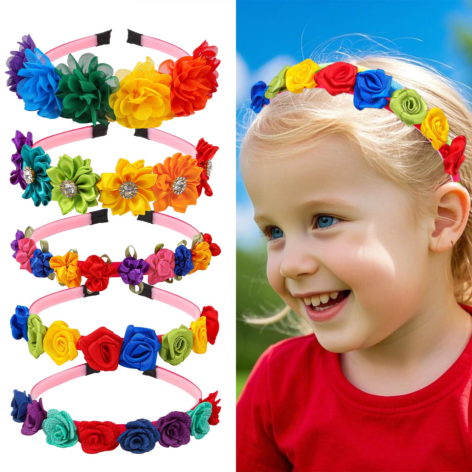 XIMA Floral Flower Headbands for Girls,Rainbow Chiffon Rose Hair Accessories with Rhinestones Flowers Hairbands for Toddlers Teens Childrens Kids