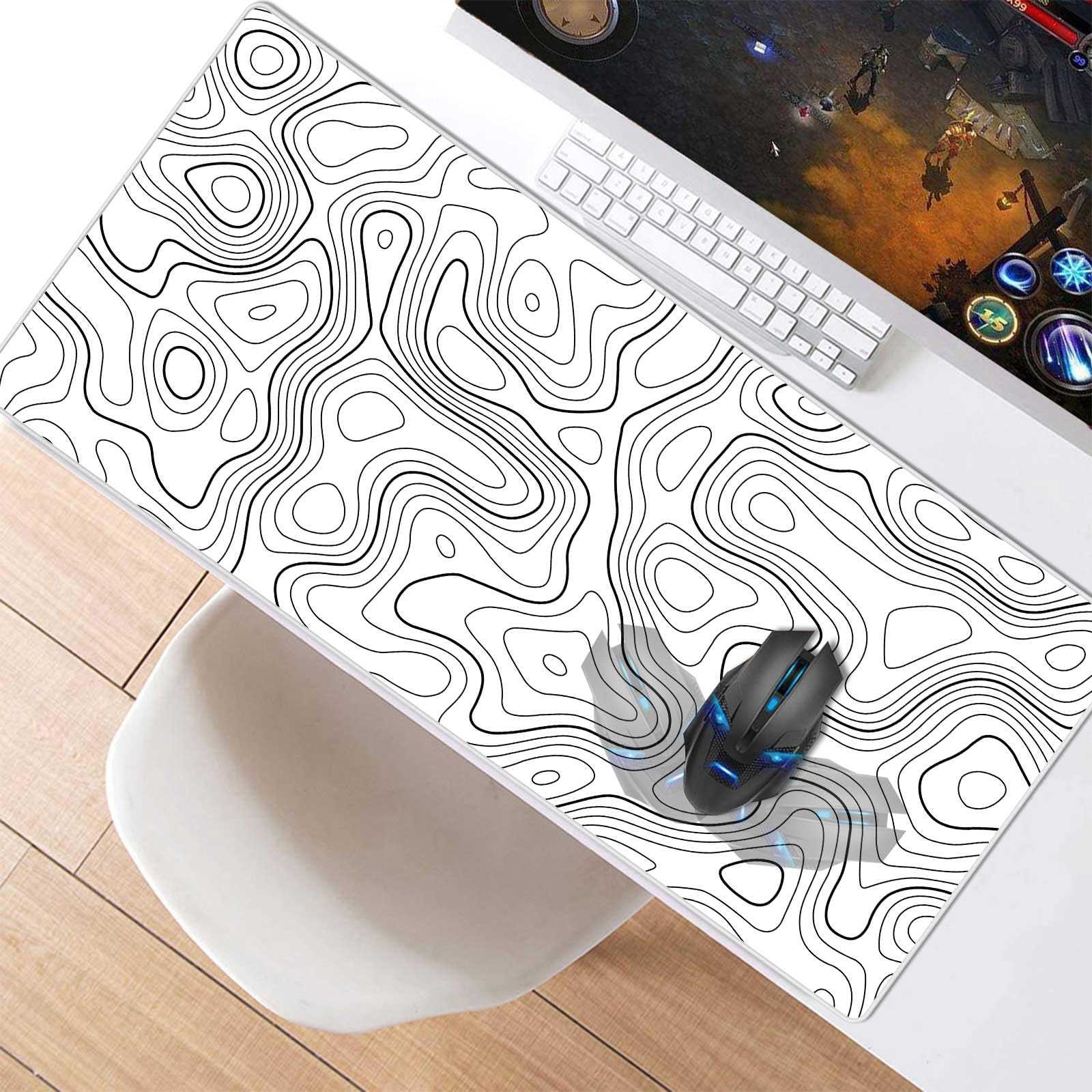 Grand tapis de souris de gaming XXL, en caoutchouc antidérapant et imperméable, pour PC, étude, ordinateur portable, ordinateur gaming, maison, blanc, motif topographique, 900 x 400 mm