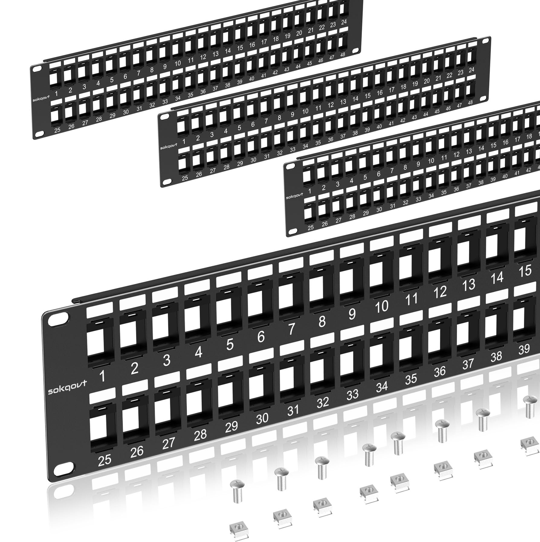 Sokqovt 48 Port Blank Keystone Patch Panel with Snap-in Design (4 Pack), Cat6 Network Patch Panel 2U 19 inch, Rack Mount Ethernet Patch Panel (for