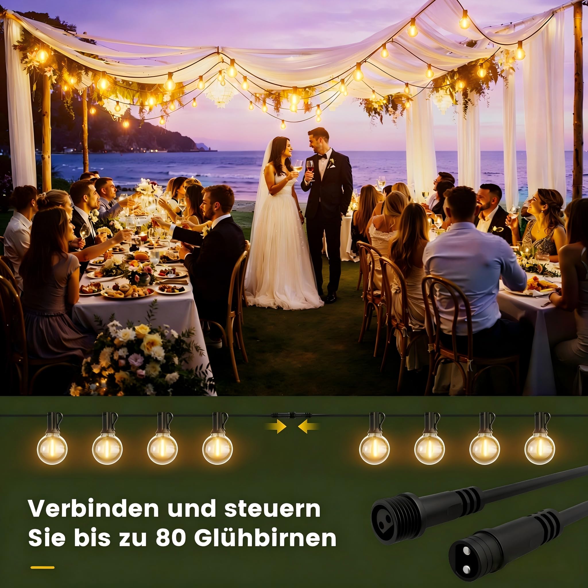 Yuusei Lichterkette Außen Strom, 45,7M Lichterkette Outdoor LED mit Dimmer, IP45 Wasserdicht, 58+2 G40 Dimmbar Aussen Glühbirnen Lights für Garten, Pavillon, Balkon, Camping, Party, Hochzeit