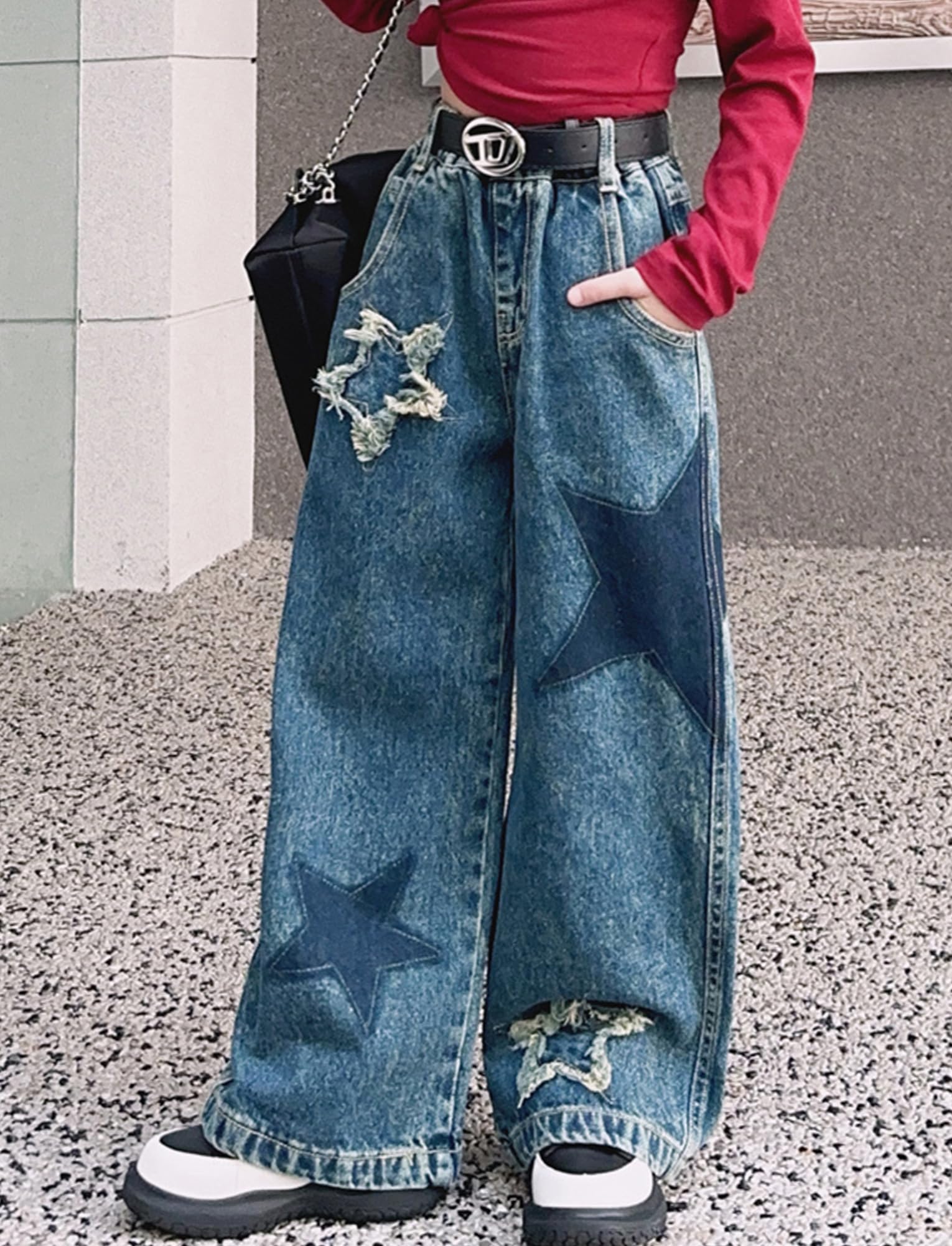 Maeau Jeans con gamba larga per ragazza, pantaloni in denim, pantaloni dritti per il tempo libero, con elastico in vita e tasche, motivo pentagramma, taglia 120-170