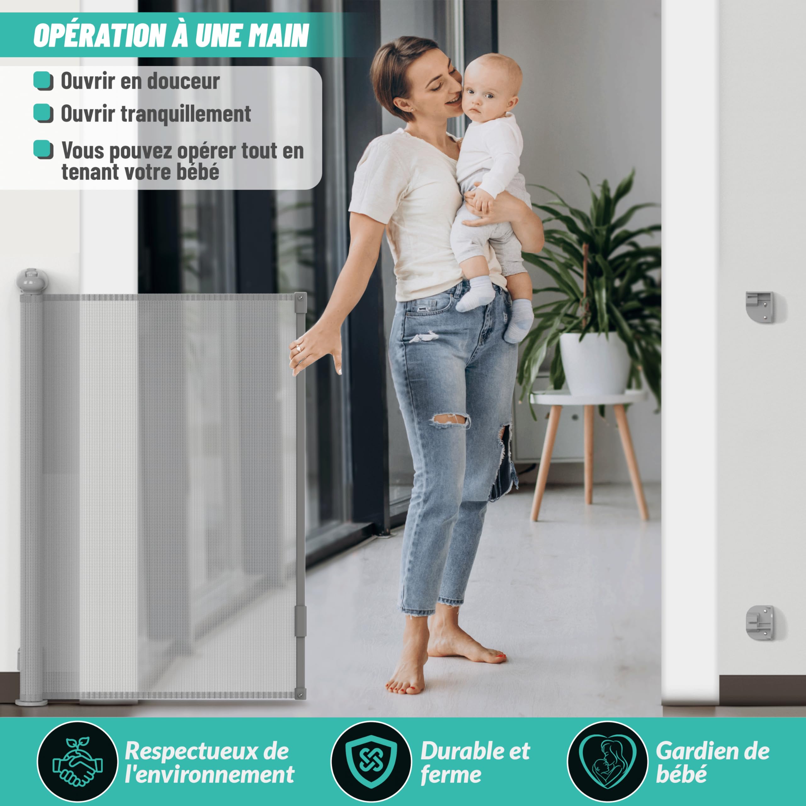 Barrera de Seguridad Retráctil para Escaleras y Mascotas (gris, 140 cm)