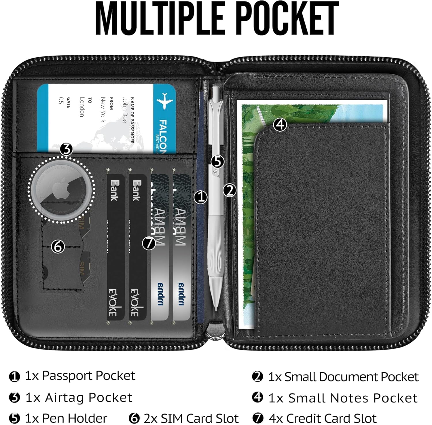 Cartera de cuero genuino para pasaporte, funda de bloqueo RFID con cierre de cremallera y 3 bolsillos para pasaporte, Negro, Vintage