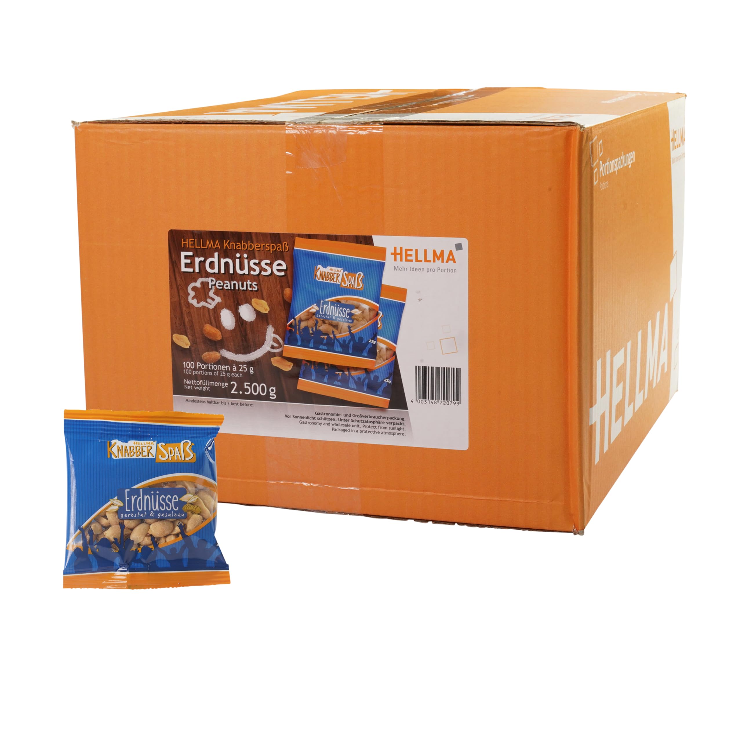 HELLMA Erdnüsse - 100 Stk. Salzige Knabberei im Mini-Beutel je 25 g - Snack-Vorrats-Box - für Büro oder unterwegs
