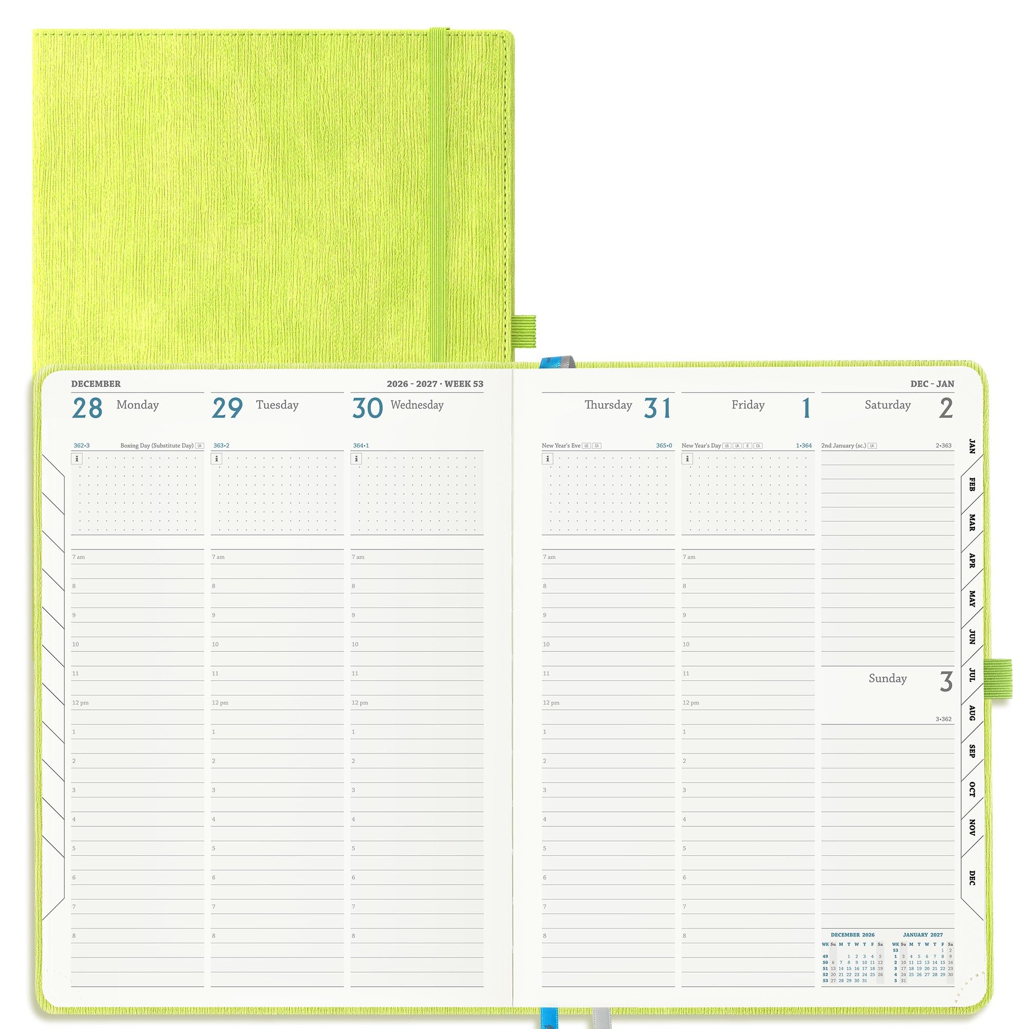 IN-LUXPRO Academic Diary 2026-2027 Week to View A4 Large(29x21.5 cm) 18 Months (Jul'26 - Dec'27) Mid Year Diary 26/27 Vertical Weekly Planner with Timeslots& Month Tabs, PU Leather Apple Green