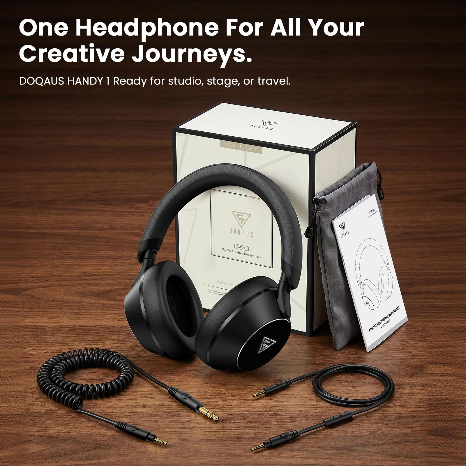 DOQAUS Auriculares HD1 DJ con cable sobre la oreja, controladores de neodimio de 50 mm, auriculares con monitor de estudio con conectores dobles de 6,35 mm y 3,5 mm, diadema ajustable y kit de audio