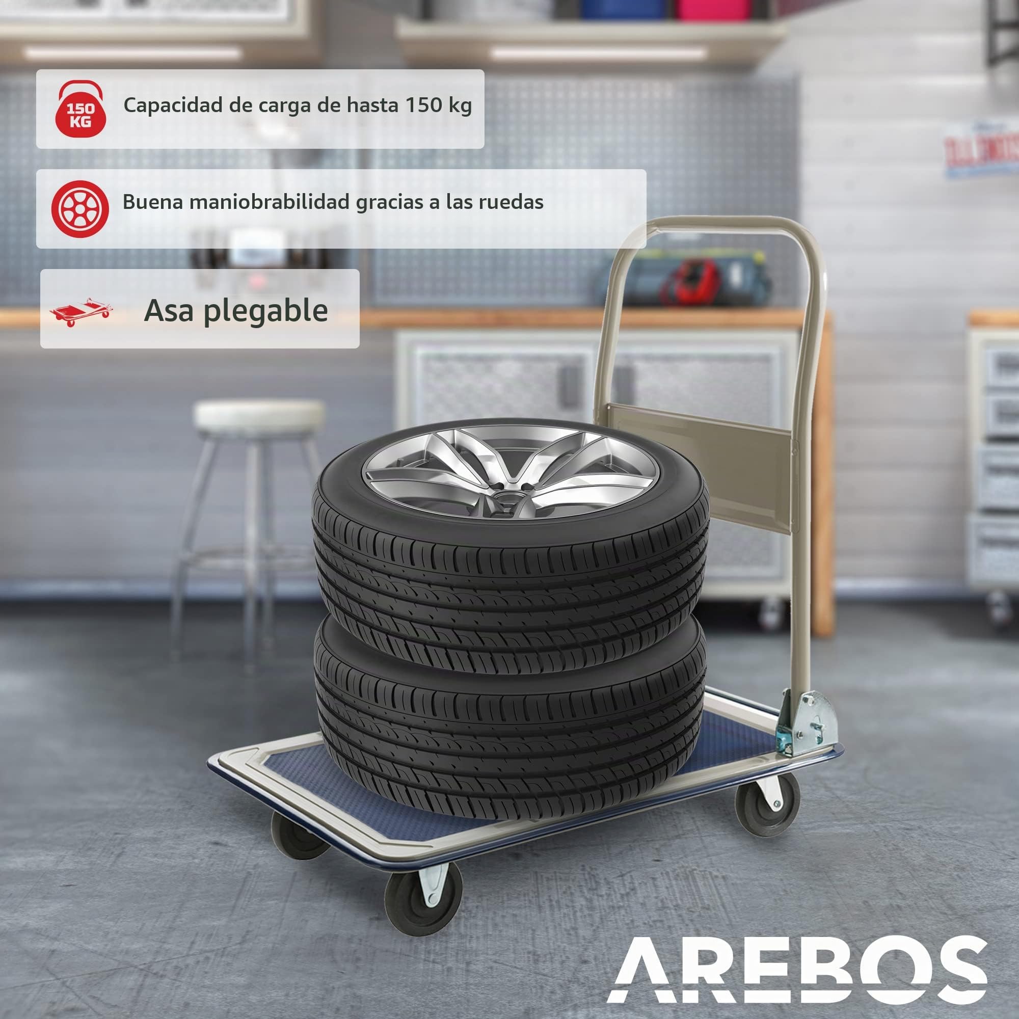 Arebos – Plataforma Carro | Carrito | Carretilla | hasta 150 kg | con Ruedas | Antideslizante Revestimiento | Protector de Bordes