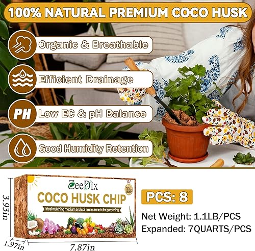 Miniatura 2 de Zeedix Paquete de 8 chips de cáscara de coco para plantas, mantillo de chips de coco 100% orgánico con bajo equilibrio de EC y PH, multiuso