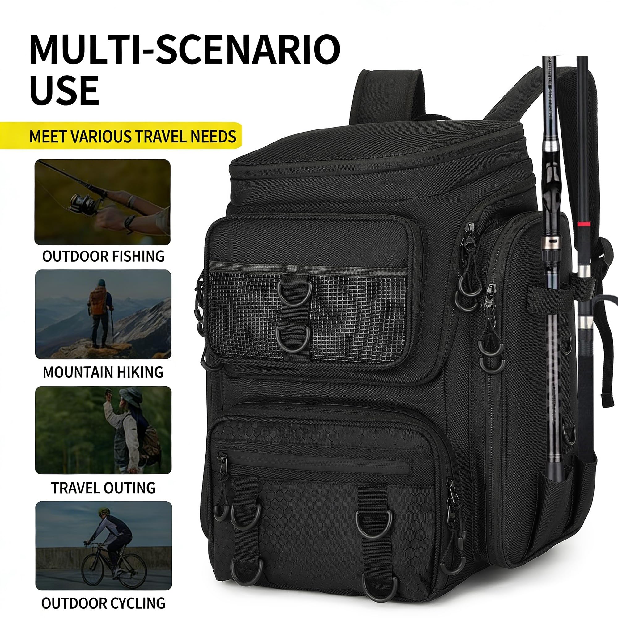 WYFCR Mochila de pesca con soportes para caña, bolsa de aparejos impermeable, bolsa de almacenamiento ligera e impermeable para pesca, adecuada para senderismo, caza, camping y viajes