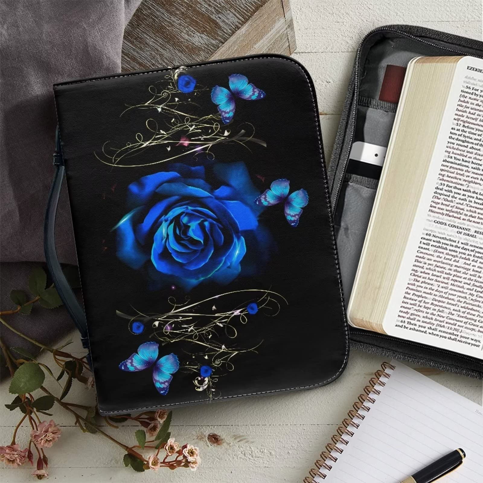 Copri Bibbia per Donna Rosa Farfalla Custodia Pelle Borsa Trasporto Porta Bibbia Floreale Ragazze Accessori Regalo Cresima Cristiana Manico