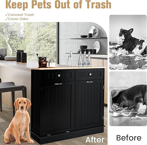 Miniatura 9 de Armario de basura inclinable, isla de cocina con 2 cajones y estante ajustable, encimera de madera de goma, cesta de lavandería independiente,