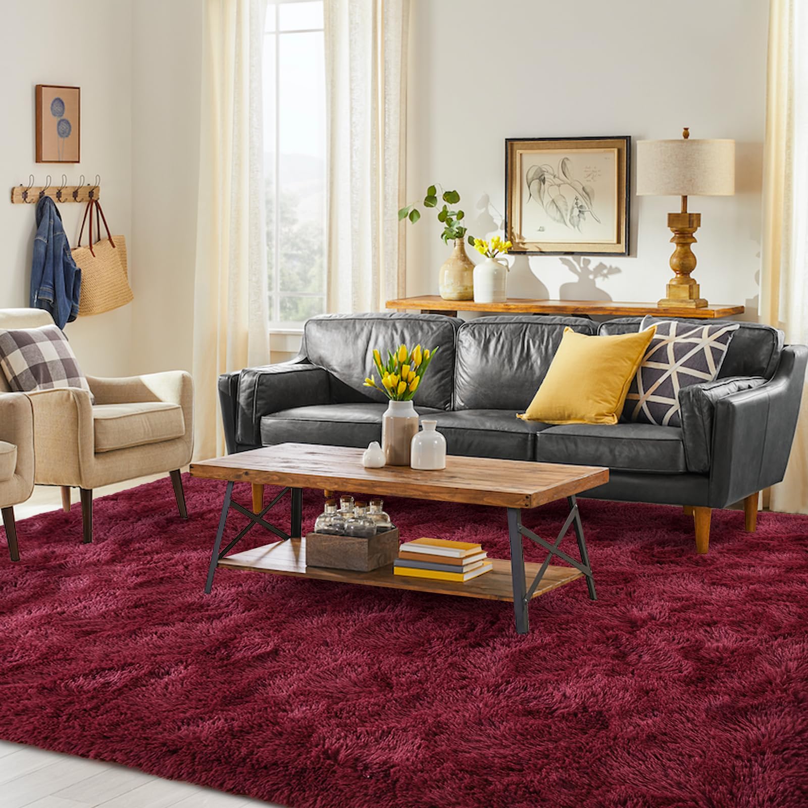 FinRèc 5x8 Feet Red Rug for Living Room Bedroom, Fluffy Shag Area Rug, Non-Slip Plush Fuzzy Rugs for Nursery Kids Room Dorm Room Home Decor, Indoor