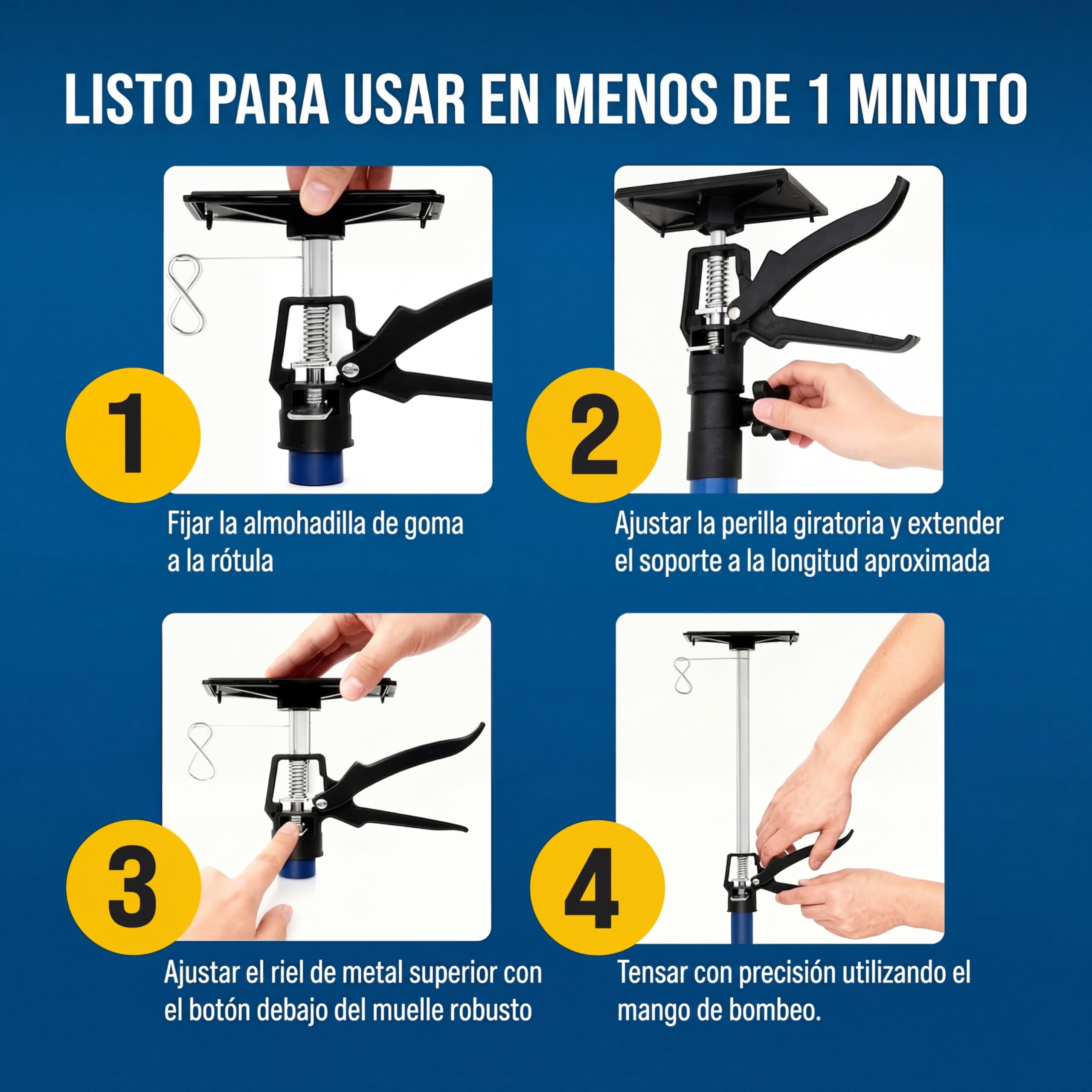 DEUBA® Set 3x Puntales Telescópicos Extensibles Obra Tensores Puerta Ajustables 50-115cm Puntal Tensor Poste Acero Placas Presión Goma Antideslizante Instalación Techo Paneles Pladur Carga 30kg