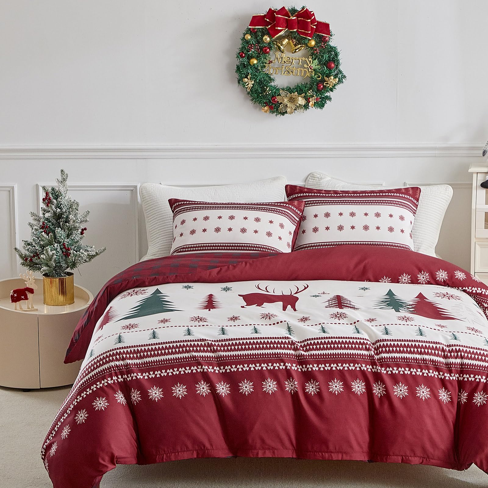 Tokokimo Double Duvet Cover Set Red Christmas Bedding - Reindeer Snowflake Print Double Du...