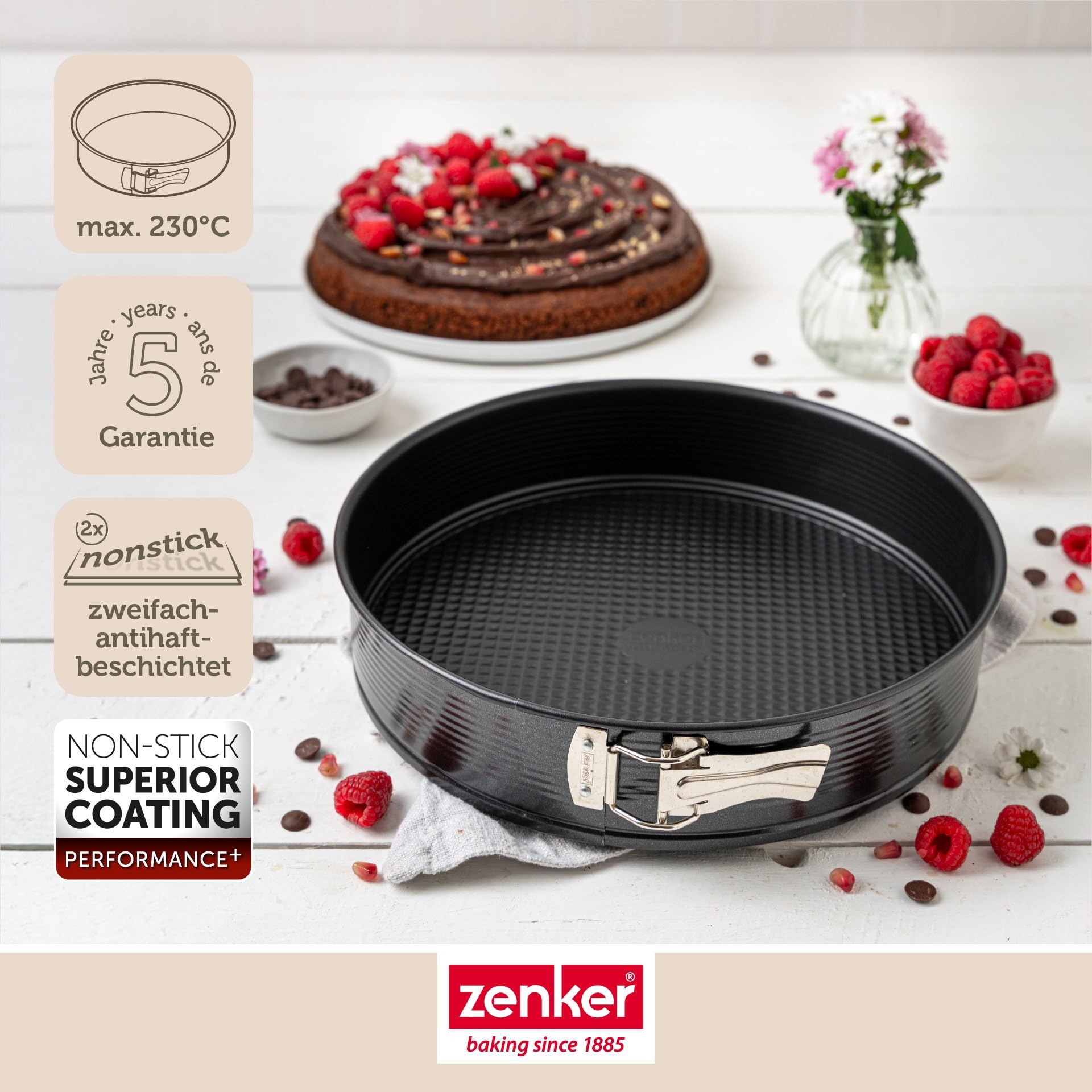 Zenker Perfect Black tortownica z płaskim dnem, Ø 24 cm, wysokiej jakości forma do pieczenia z blachy stalowej, powłoka nieprzywierająca, odporność na wysokie temperatury: +230°C, Made in Germany