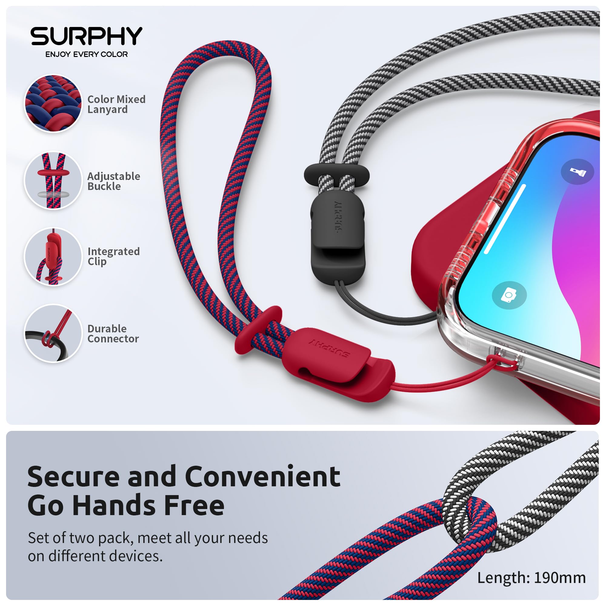 SURPHY Cordino per Cellulare,2 Pezzi Regolabili Universale Cordino,Compatibili con Custodia del Telefono per iPhone/Samsung/Xiaomi/Airpods e Molto Altro Ancora,24cm(Rosso & Nero)