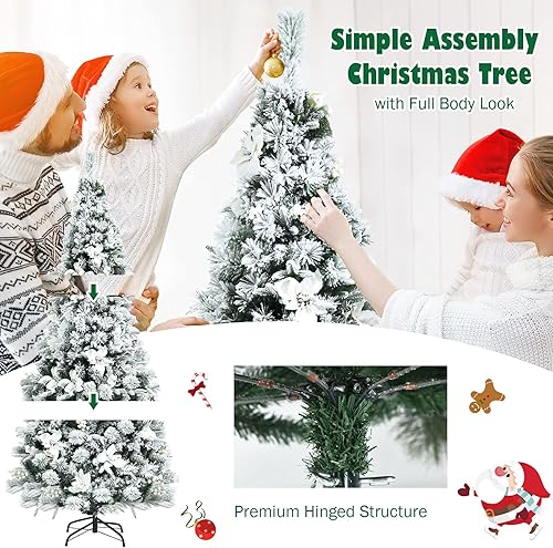 Miniatura 4 de Goplus Árbol de Navidad artificial flocado de nieve de 6 pies, árbol de Navidad con bisagras con soporte de metal plegable, bayas blancas y flores