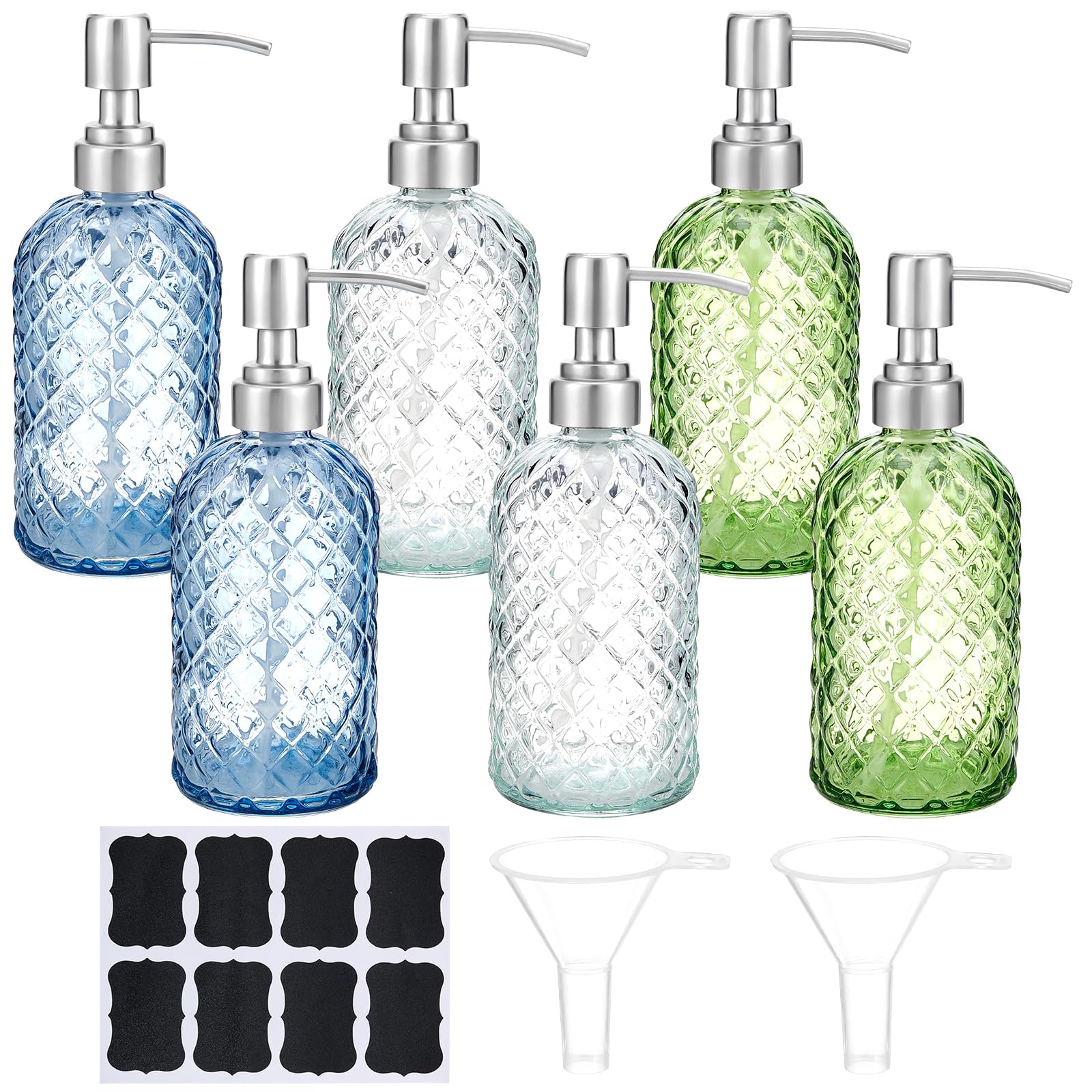 6 unidades 500 ml dispensador de jabón de vidrio con patrón de diamante rellenable dispensador de jabón de vidrio con bomba de acero inoxidable para lociones líquidas adecuado para cocina y
