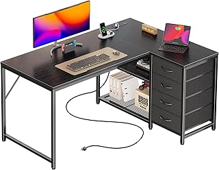 PRAISUN 43.3" L Shaped Desk with Power Outlets and USB-C Port, Reversible Computer Corner Office Desk with 4 Fabric Drawers and 2 Height-Adjustable Shelves, Small for Gaming Writing Work Study, Black