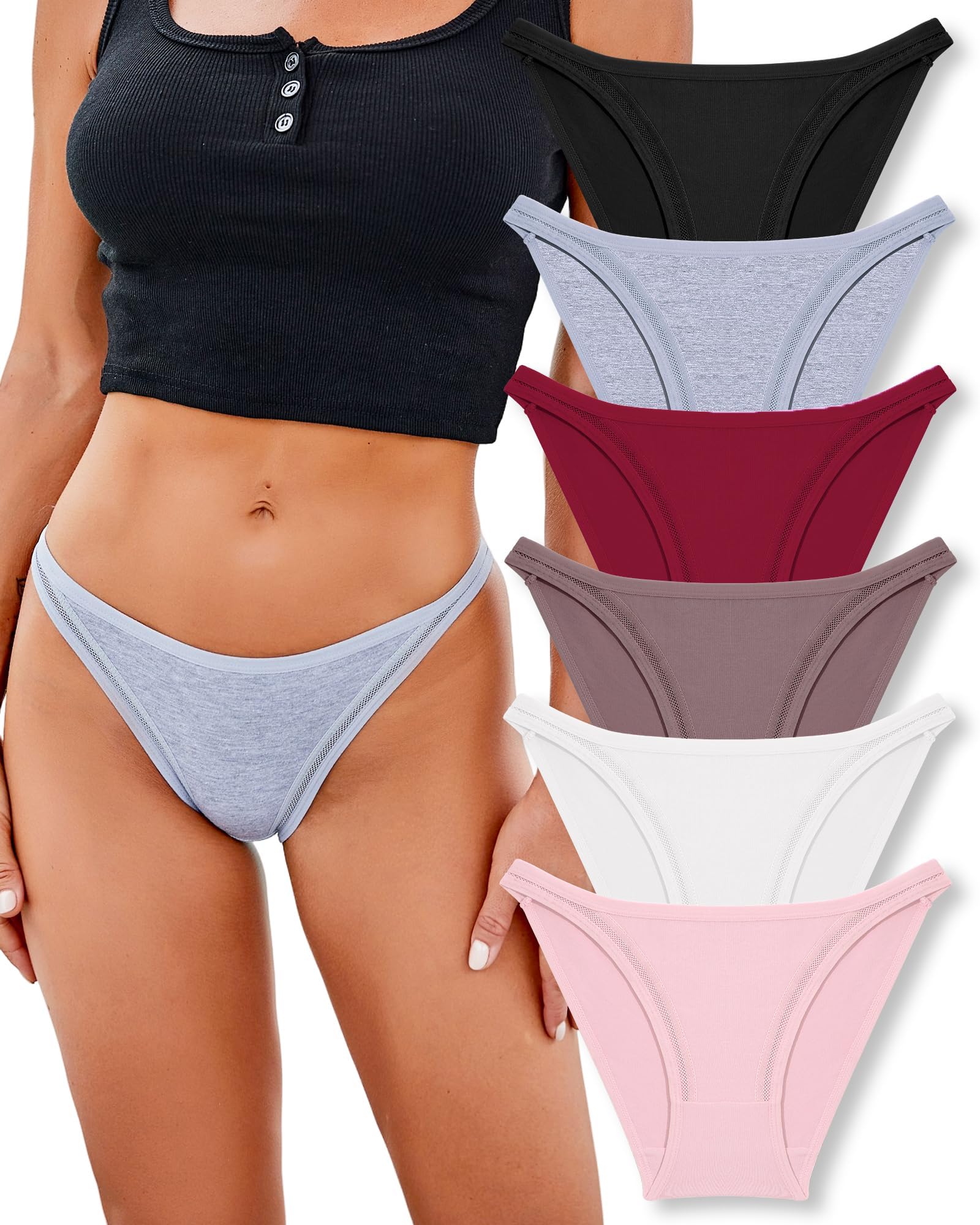 FINETOO Pack de 6 bragas de algodón para mujer, sexy, hipster, ropa interior transpirable, pantalones suaves para mujer, bikinis de microfibra elásticos, suaves, sexys, sin costuras, paquete múltiple…