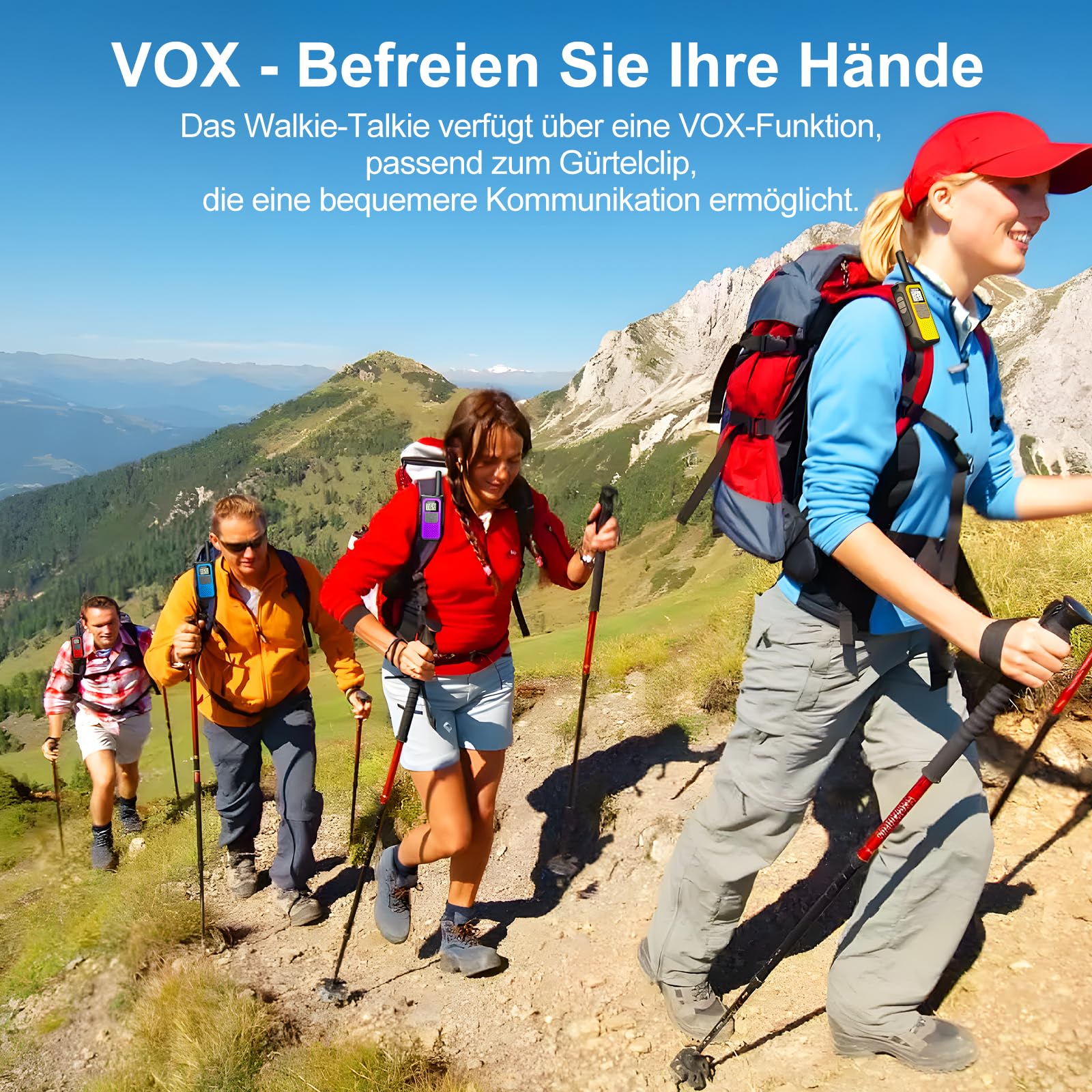 Walkie Talkie 4er Set, Walkie Talkie Aufladbar für Erwachsene Kinder, 16 Kanäle Funkgeräte Set mit 1200mAh Li-ion Akku VOX, Walki Talki für Camping Wandern Geschenk